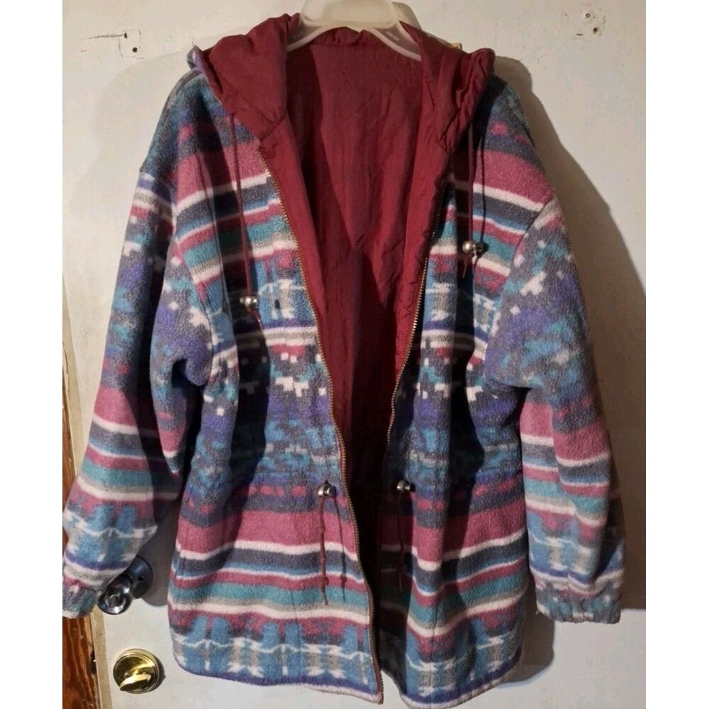 Vintage British Mist Aztec Print Fleece Reversible Burgundy Jacket size M